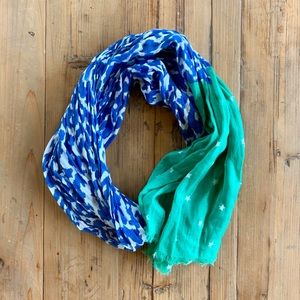 Blue white & teal scarf with animal print & stars